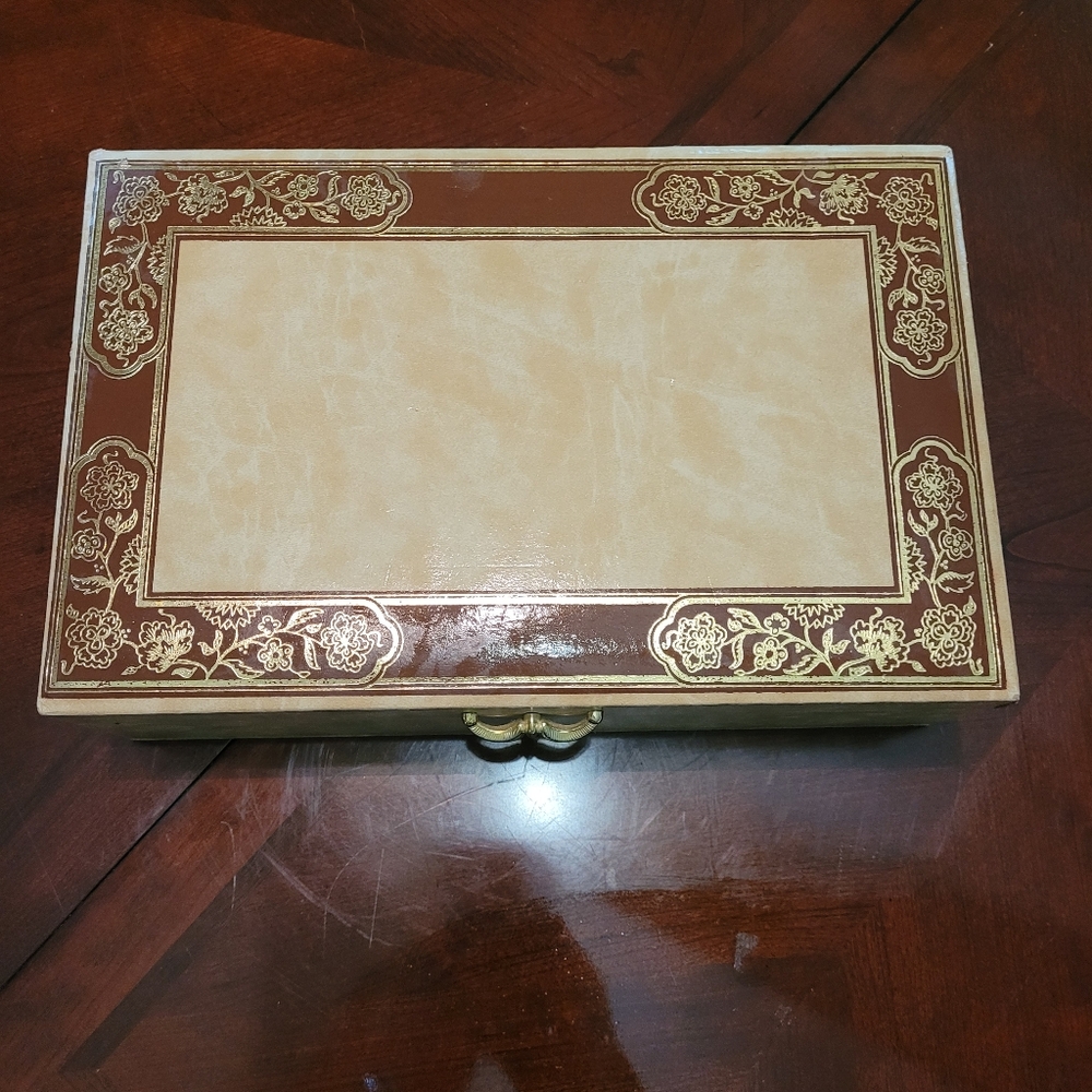 Vtg Mele 2 Tier Jewelry Box Ivory, Brown Gold, With Satin Design And Felt,...